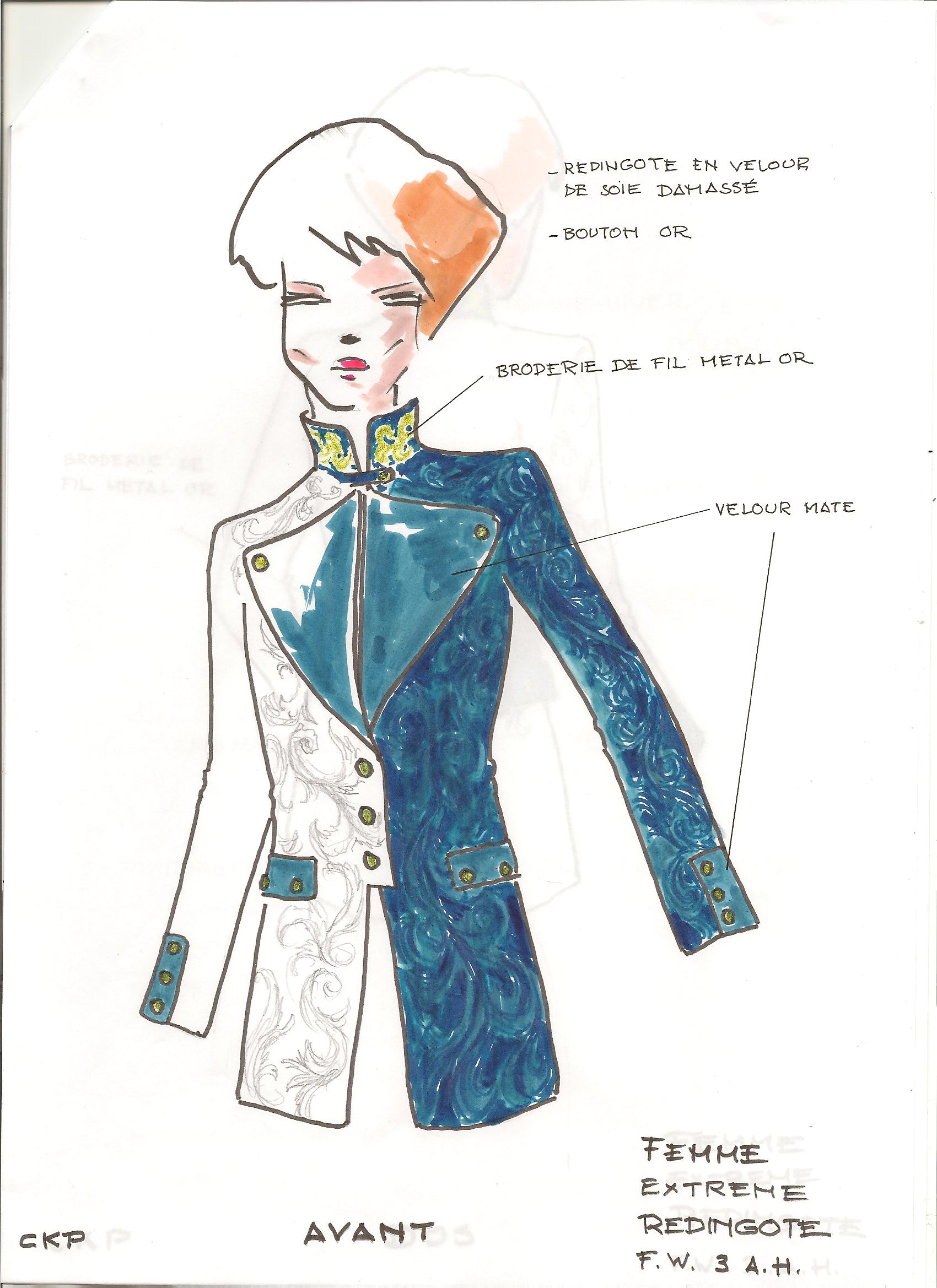 Original annotated Redingote fashion-development sheet
