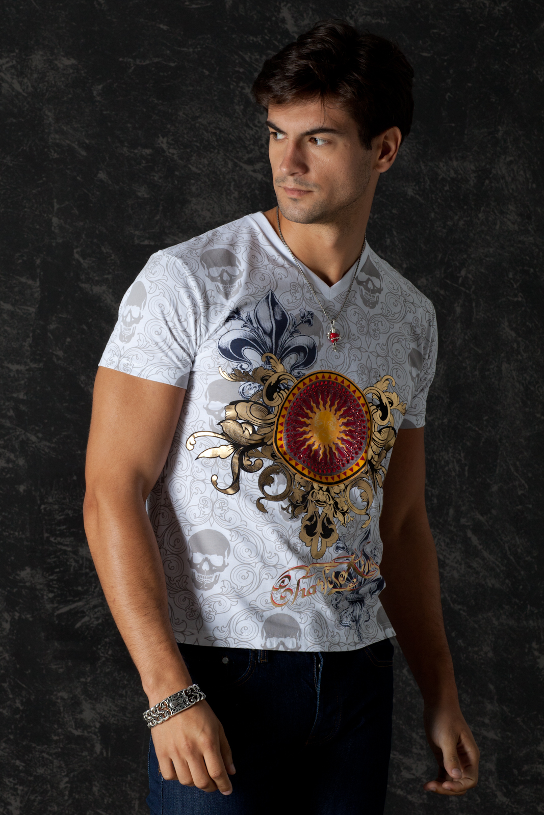 Model wearing a white Golden Sun Charles King T-Shirt