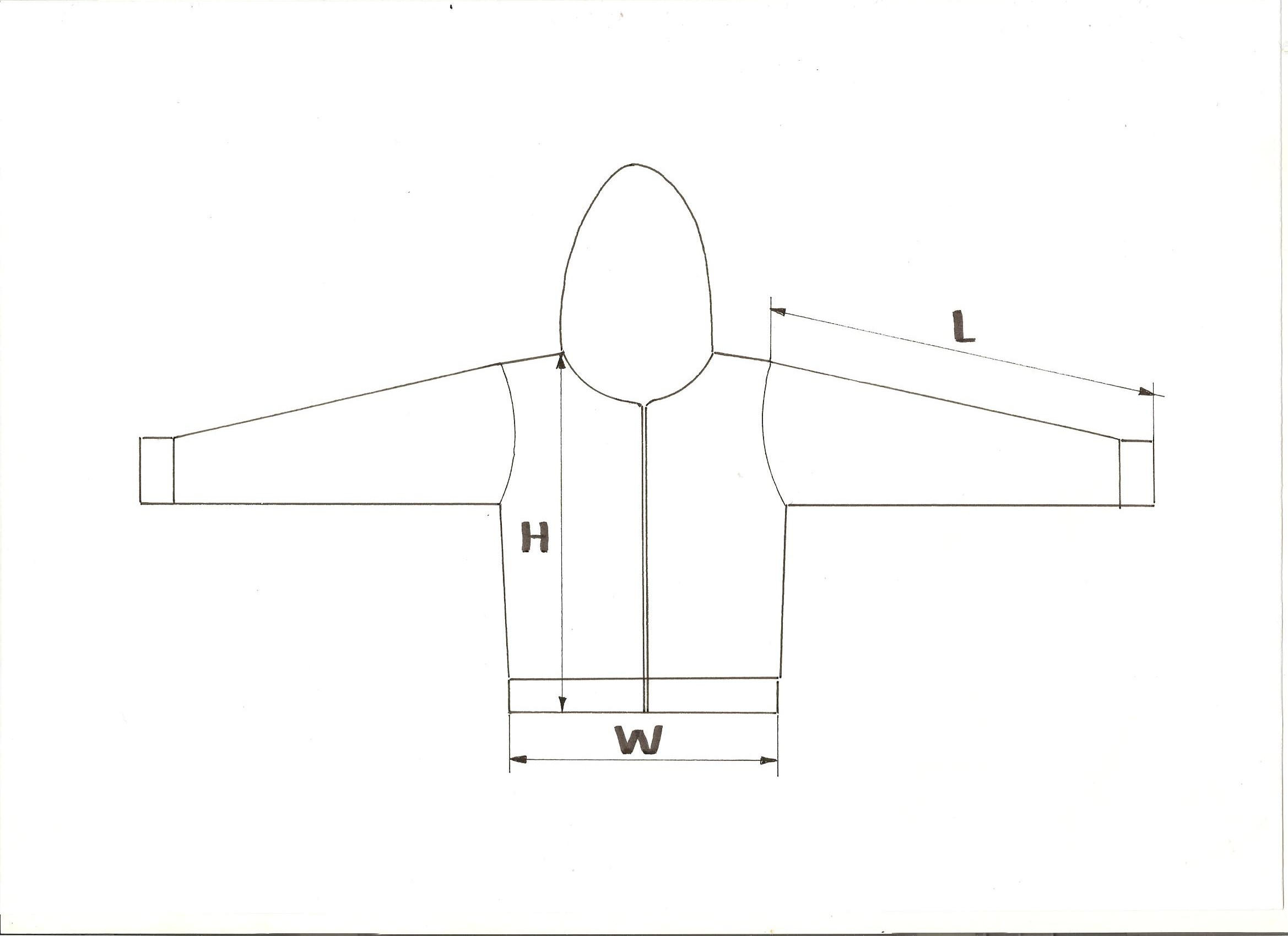 Original CKP Hoodie measurement diagram showing height H, waist W and sleeve length L
